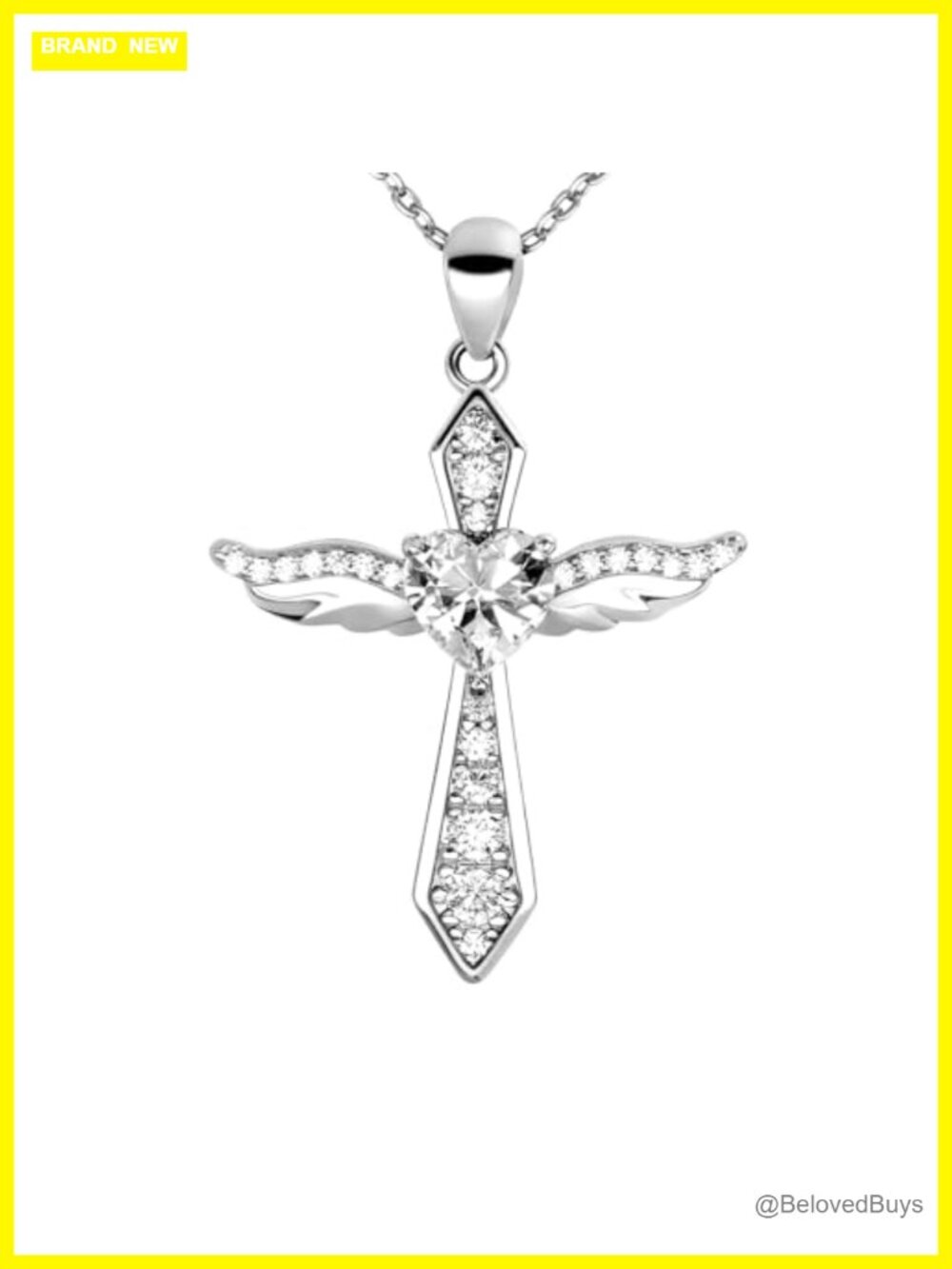925 Sterling Silver Cross Necklace Angel Wings Pendant 5A Cubic Zirconia 22-24"